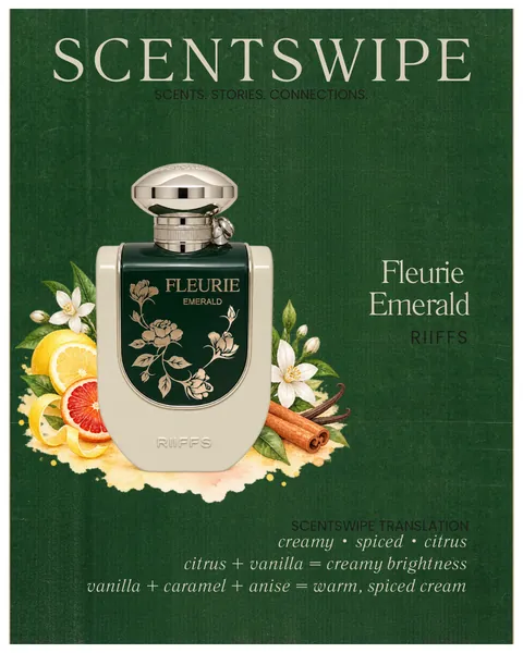 RiiFFS Fleurie Emerald bottle surrounded by lemon, blood orange, white flowers, cinnamon and vanilla bean on a green background