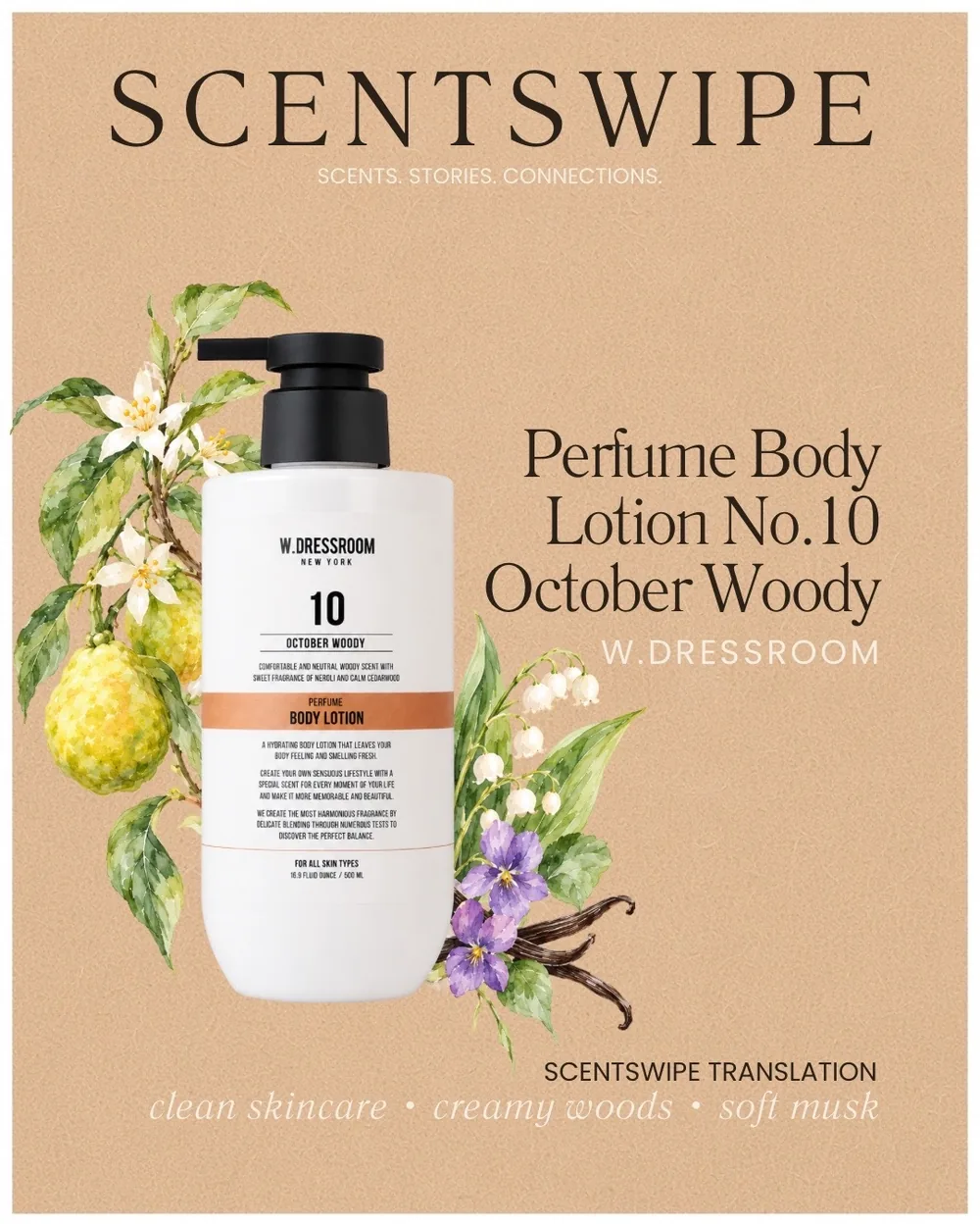 W.DRESSROOM Perfume Body Lotion No.10 October Woody bottle with citrus, white flowers, lily of the valley, violets and vanilla bean