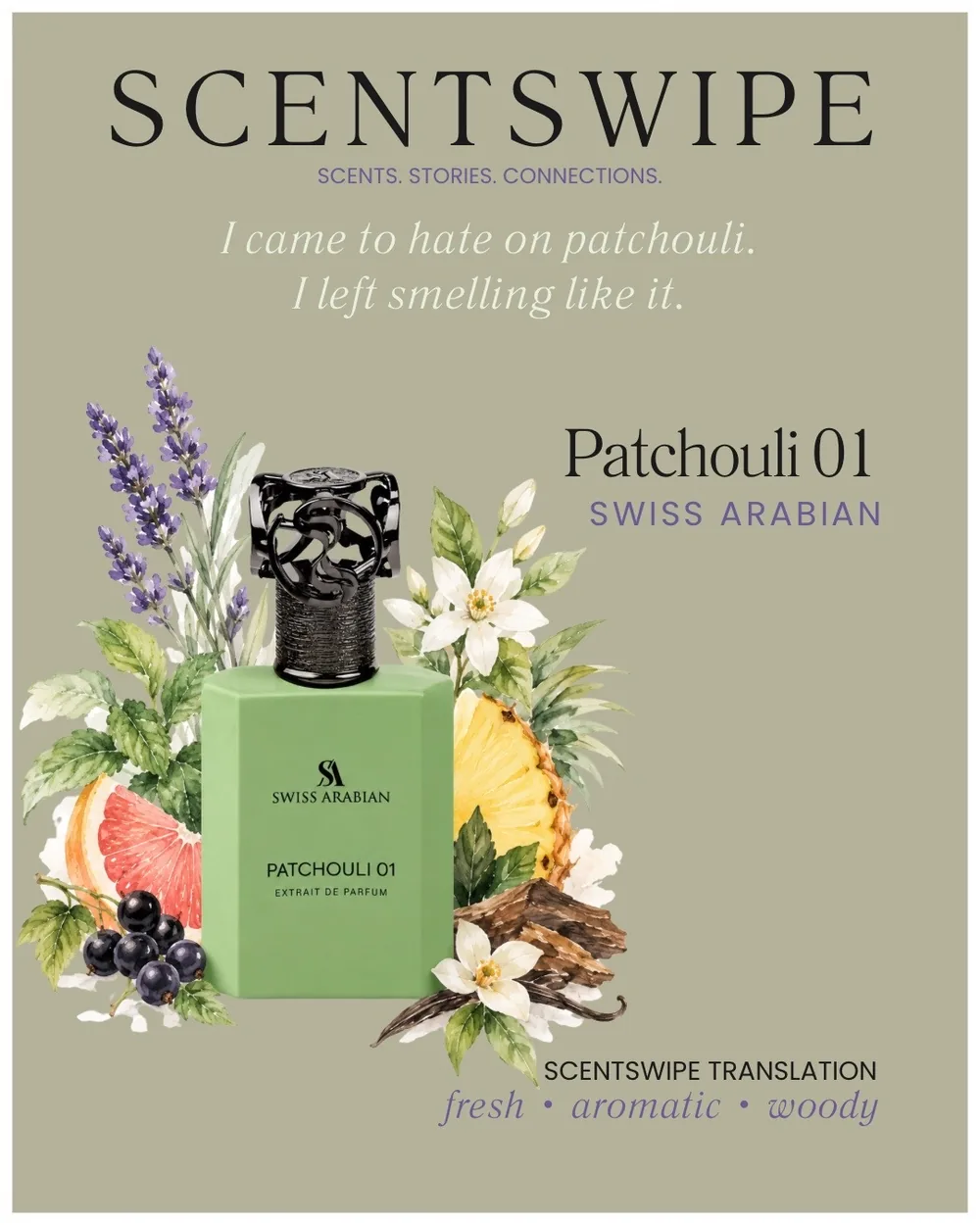 Swiss Arabian Patchouli 01 bottle with lavender, grapefruit, blackcurrant, pineapple, white flowers and woods