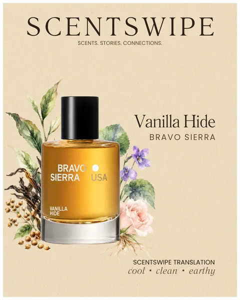 Bravo Sierra Vanilla Hide bottle with coriander seed, black tea leaves, violets and a pale rose